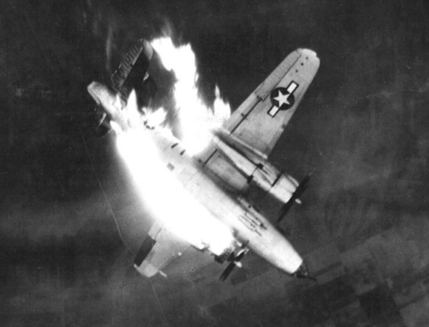 B-26 Marauder engulfed from the 497th Bombardment Squadron, 344th Bombardment Group engulfed in flames 